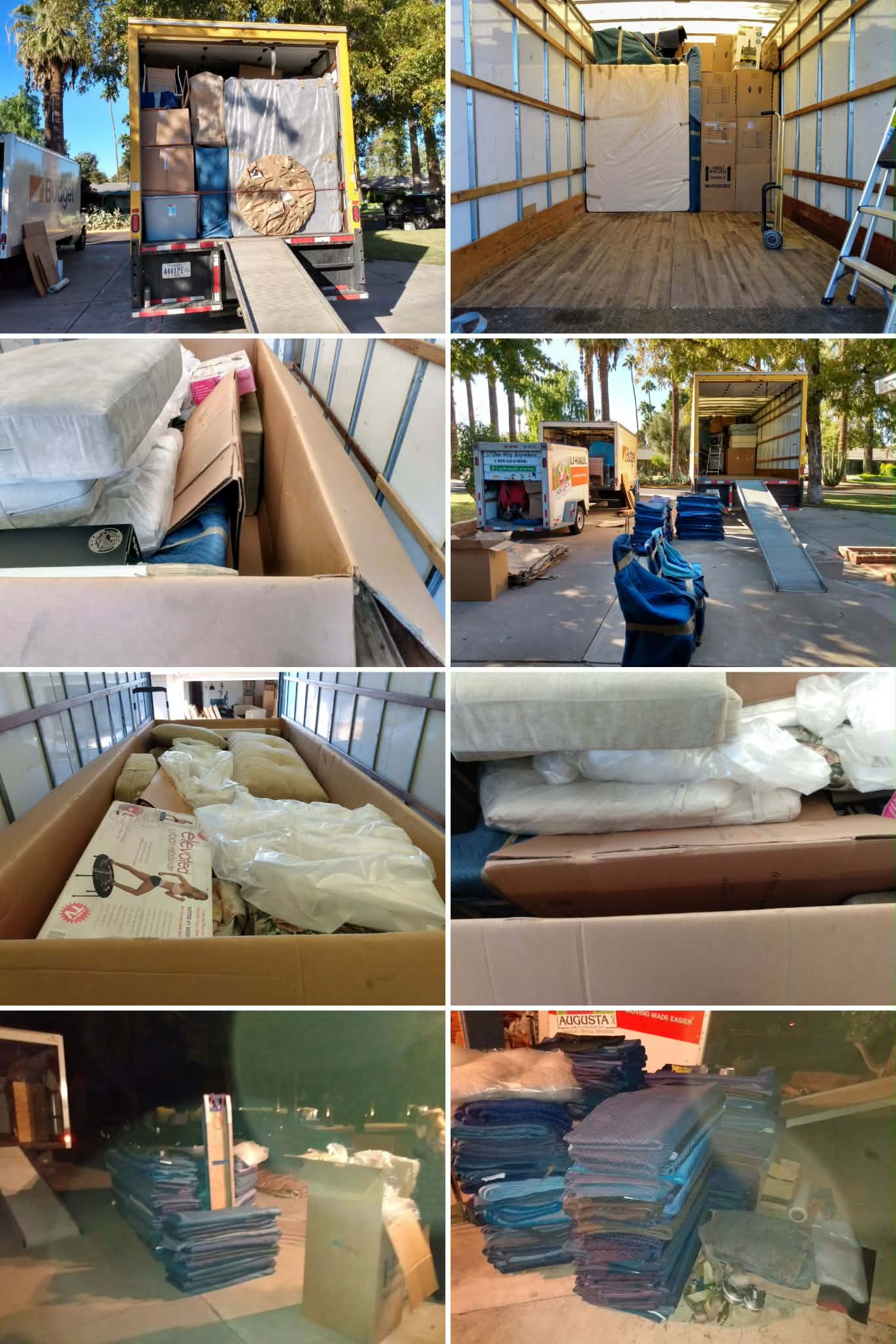 Multiple views of Black Crow Moving operations showing truck loading, blanket wrapping, and pallet securing